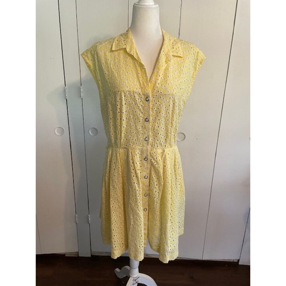 Betsey Johnson Yellow Eyelet Button-Front Mini Dress